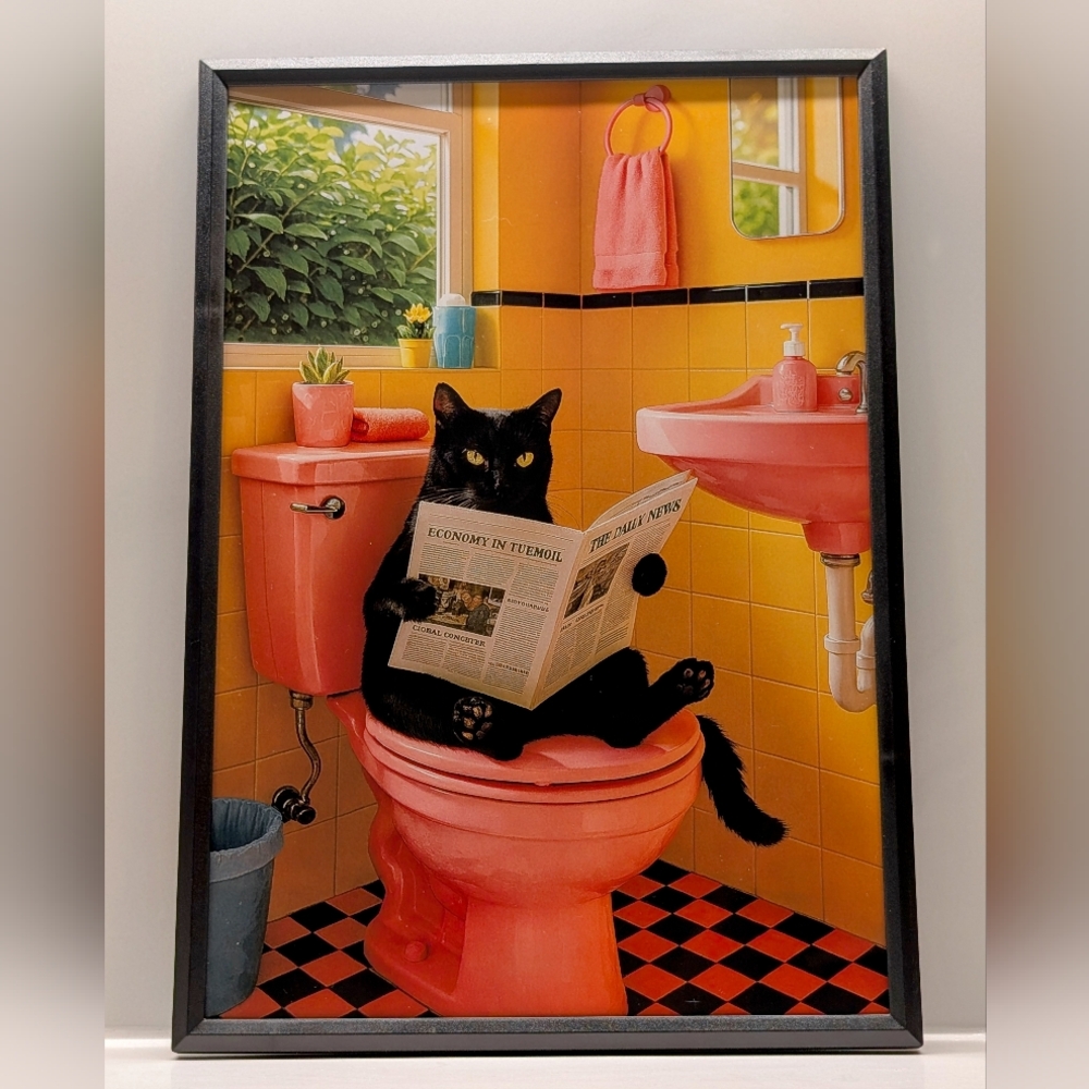 Framed Black Cat Bathroom Wall Decor 20x30 Cm (Ready To Hang)